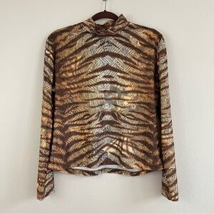St. John Sport Faux Lace Tiger Print Turtleneck Long Sleeve Vintage Top Size L